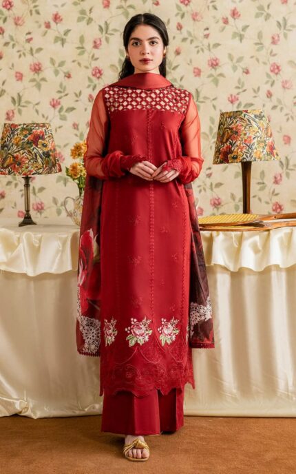 Asifa & Nabeel Luxury 3 Piece Digital Printed Lawn Suit – Maroon Red | Eid Collection 2026