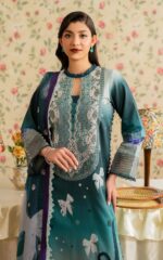Asifa & Nabeel — Eid Special 3-Piece Digital Printed Lawn Suit | Teal Butterfly Print with Organza Embroidery