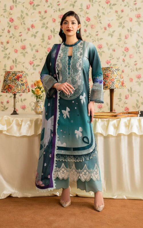 Asifa & Nabeel — Eid Special 3-Piece Digital Printed Lawn Suit | Teal Butterfly Print with Organza Embroidery