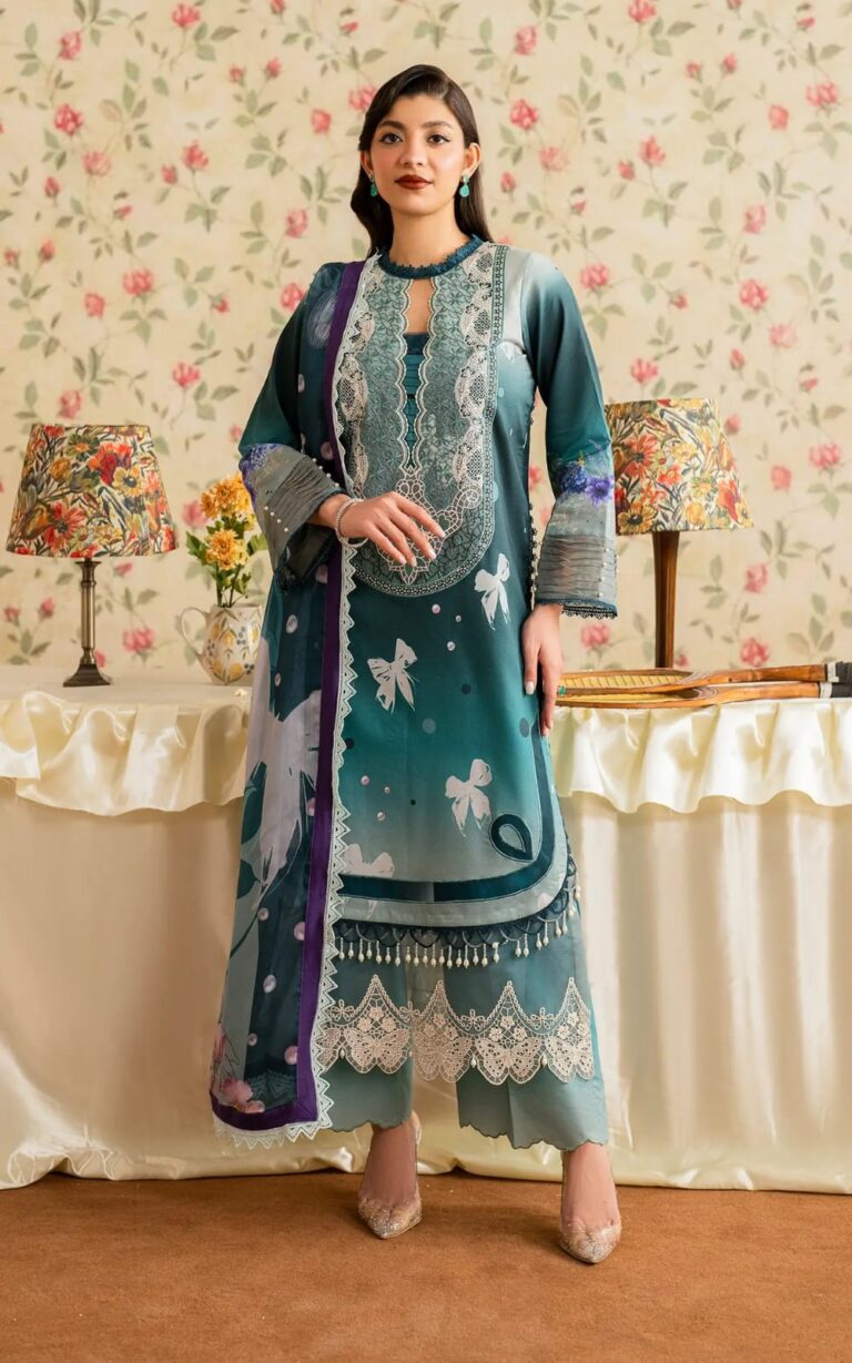 Asifa & Nabeel — Eid Special 3-Piece Digital Printed Lawn Suit | Teal Butterfly Print with Organza Embroidery