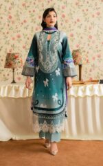 Asifa & Nabeel — Eid Special 3-Piece Digital Printed Lawn Suit | Teal Butterfly Print with Organza Embroidery