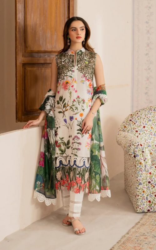 Luxury 3-Piece Digital Printed Lawn Suit | White Botanical Garden Print with Cutwork Embroidered Yoke & Tropical Printed Dupatta