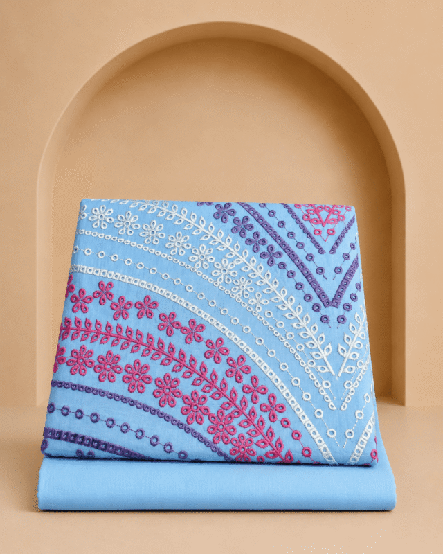 Maria B Breeze — "Lehria" Floral Stripe Embroidered Lawn Suit